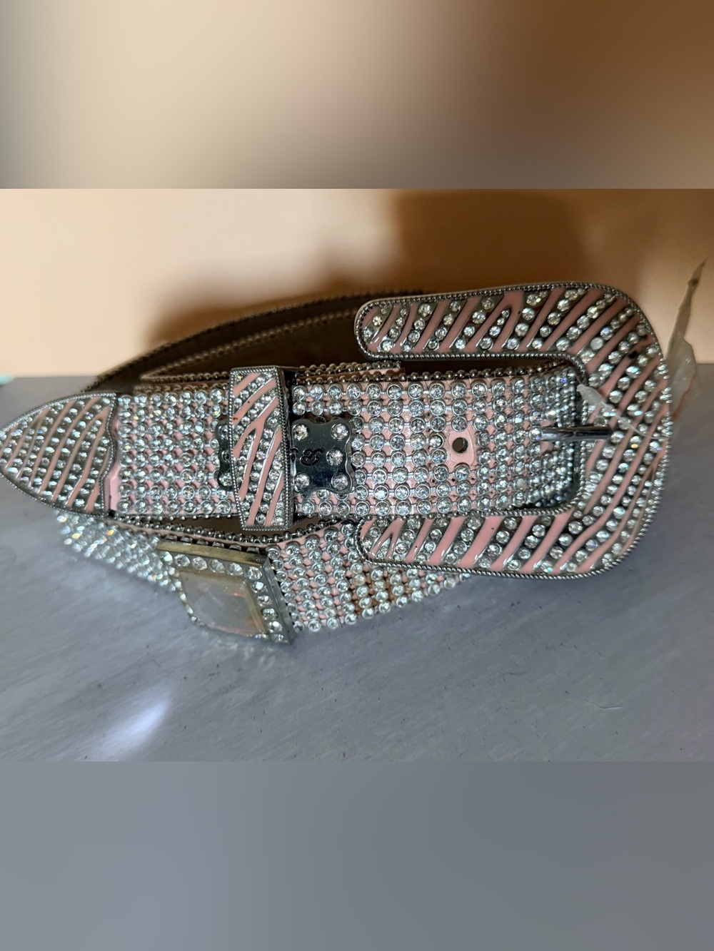 Western Cowgirl Pink Full Bling Zebra Print Buckle Pink Rhinestones sz L